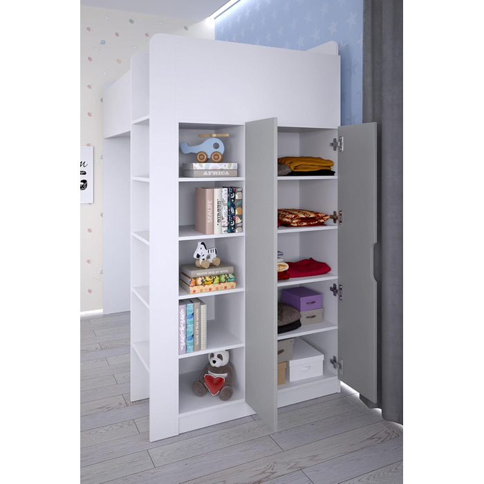 Дитяче ліжко-горище Shefa з письмовим столом - компактне ліжко-горище 5-в-1 для дітей зі сходами, шафою, полицею та робочою зоною - сірого кольору, вантажопідйомність до 90 кг, розміри 206 x 107 см