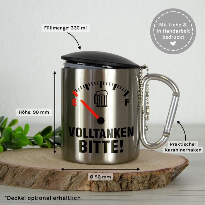 Долийте, будь ласка Чашка з нержавіючої сталі з карабіном Ідея подарунка 330 мл Чашка Для кемпінгу Ключки Сріблястий без кришки