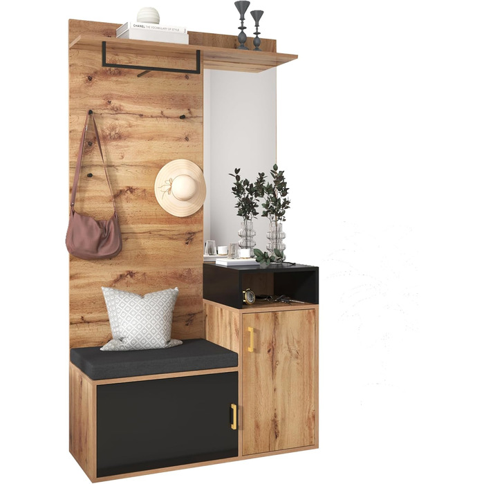 Комплект вішалки з 4 гачками для одягу, дзеркалом, тумбою для взуття, настінною вішалкою для одягу, верхньою полицею, лавкою для в