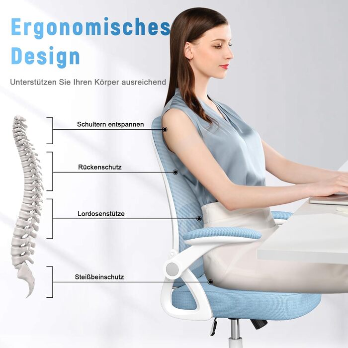 Офісне крісло з ротантрі, ергономічне робоче крісло з регульованими підлокітниками, поперекова підтримка, регулювання висоти, м&39яка подушка сидіння, поворотне крісло на 360 для офісу/кабінету, синє, без підголівника