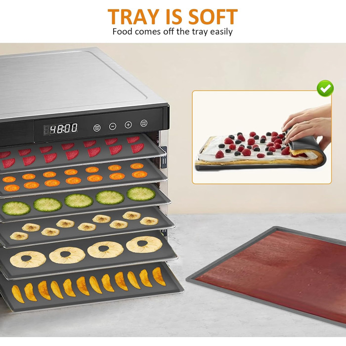 Силіконові дегідраторні листи, 4 шт. и Непригарний дегідратор для дегідратора з силіконовим скребком, щітками, затискачами, сумісний з килимком для випічки з фруктової шкіри Cosori CP267-FD для сушарки для фруктів, без BPA