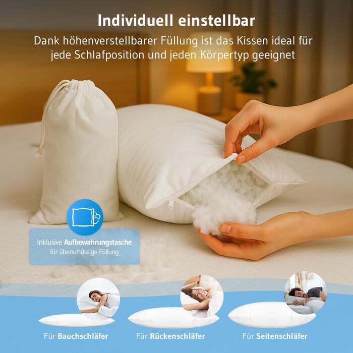 Регульована по висоті подушка 40x60 см, чохол з органічної бавовни - виготовлено в ЄС, ергономічна подушка 40 x 60 см, підходить для сну на боці, спині та животі, екологічна подушка для сну KAIA Подушка Kaia