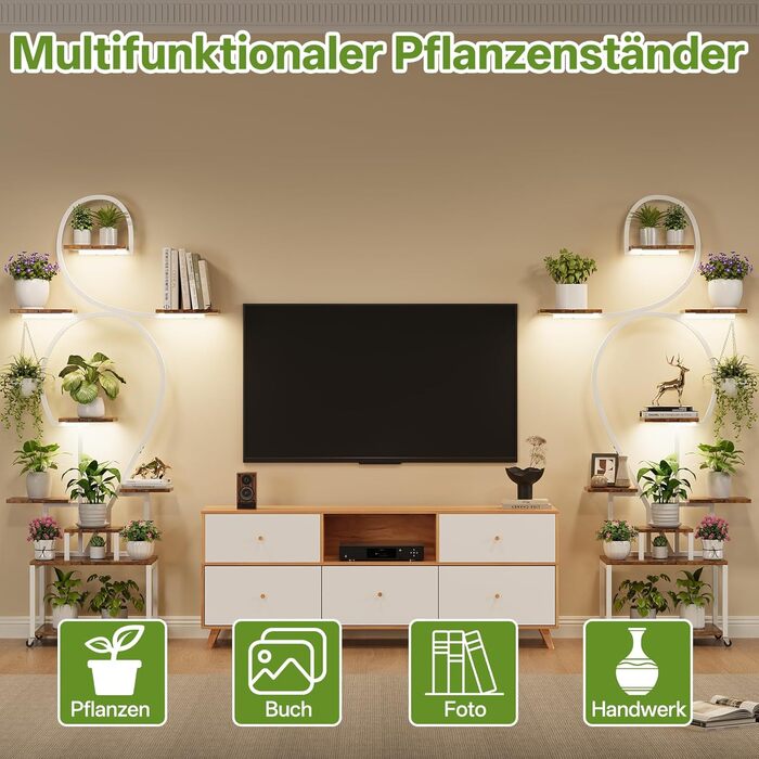 Підставка для рослин HAUSPROFI 190 см з лампою для вирощування - 9-ярусна металева та дерев&39яна підставка для квітів, полиця для рослин, квіткові драбини для приміщень та вулиці, декоративна полиця для саду, біла