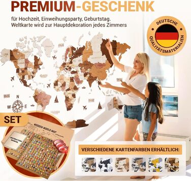 Преміальна 3D дерев&39яна карта світу настінна прикраса німецькою мовою зі шпильками Кріплення на стіну без інструментів Ідея подарунка на будь-яку подію Дерев&39яна настінна прикраса для дому та офісу (колір дерева, 160x85 см) 160Д x 85Ш см, колір дерева