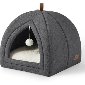Котяче ліжко BEDSURE для великих котів, котяча печера - 40x40x40 см для приміщень зі знімною подушкою для котів шерпа та підвісною іграшкою, котяче ліжко, яке можна прати, темно-сіре