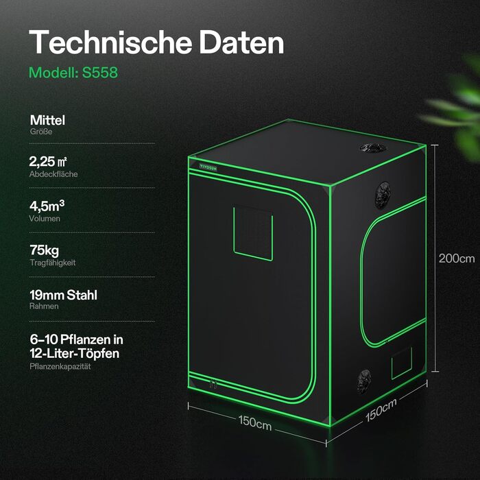 Світлонепроникний намет для гідропоніки з відбиваючим Mylar, вікном огляду, піддоном та міцною рамою. Ідеально підходить для вирощування рослин у приміщенні (модель S558, сумісна з VSF6450), 150x150x200