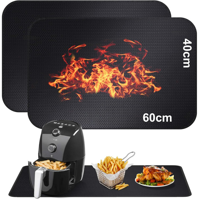 Вогнетривка накладка 2 шт. и, силіконовий вогнезахисний килимок зі скловолокна для стільниці, термостійкий килимок для аерофритюрниці кавоварки для мікрохвильової печі, протиковзкий водонепроникний 40 x 60 см, чорний