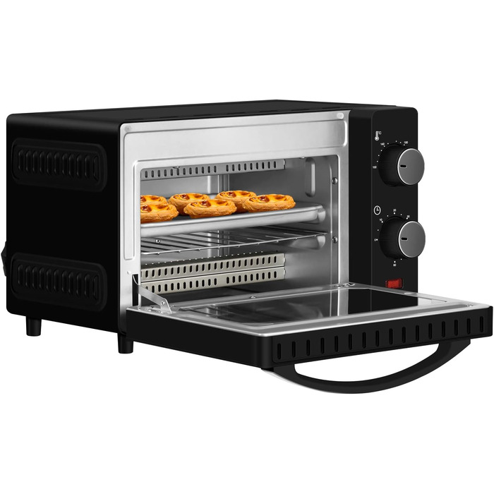 Міні-піч WANNYTON, духовка 10 л, 650 Вт, 100-230 C Таймер 0-60 хв. включно Деко для випікання Ручка для зняття решітки гриля, подвійні скляні дверцята, духовка для піци Торт Хліб, 36,5x22,28,5 см 10 л Чорний