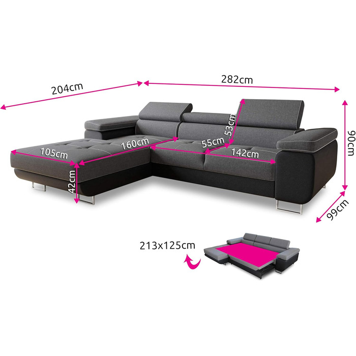 Кутовий диван Sofnet Divo з функцією сну, відділенням для зберігання речей та регулюванням підголівника, м&39який кутовий диван, комплект для вітальні, розкладний диван, кушетка, диван, пружинна серцевина (Сірий (Kronos 22), Кутовий диван лівий)