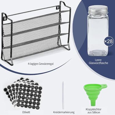 Настінна підставка для спецій, кухонний органайзер з 28 банками для спецій та 180 етикетками для спецій, прозора, для кухні, стільниці, шафи, комори