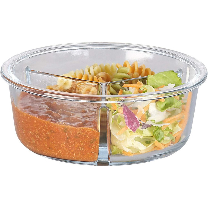 Скляний контейнер для мікрохвильової печі з 3 відділеннями, кришка на защіпках, -20 до 520 C, круглий (Скляний посуд для мікрохвильовки з кришкою, для сніданків/мюслі)
