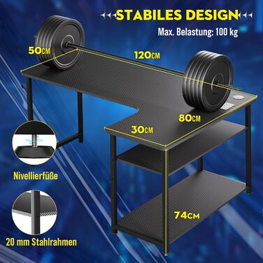 Ігровий стіл COMHOMA з розеткою, 120 x 80 см, кутовий стіл із портом зарядки USB та полицею, L-подібний комп&39ютерний стіл, ПК-стіл для офісу, домашній офіс, чорний - 120 см