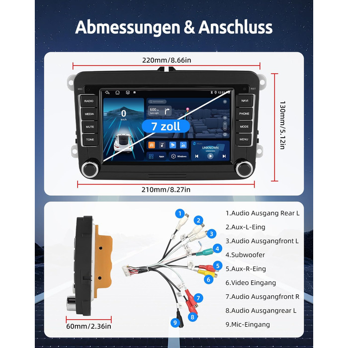 Автомобільне радіо Essgoo 464G Android 14 для VW Caddy Golf MK5 6 Polo Passat Seat RCD330 з бездротовим CarPlay Android Auto, 2 Din радіо з 7-дюймовим сенсорним екраном Bluetooth FM RDS GPS WiFi