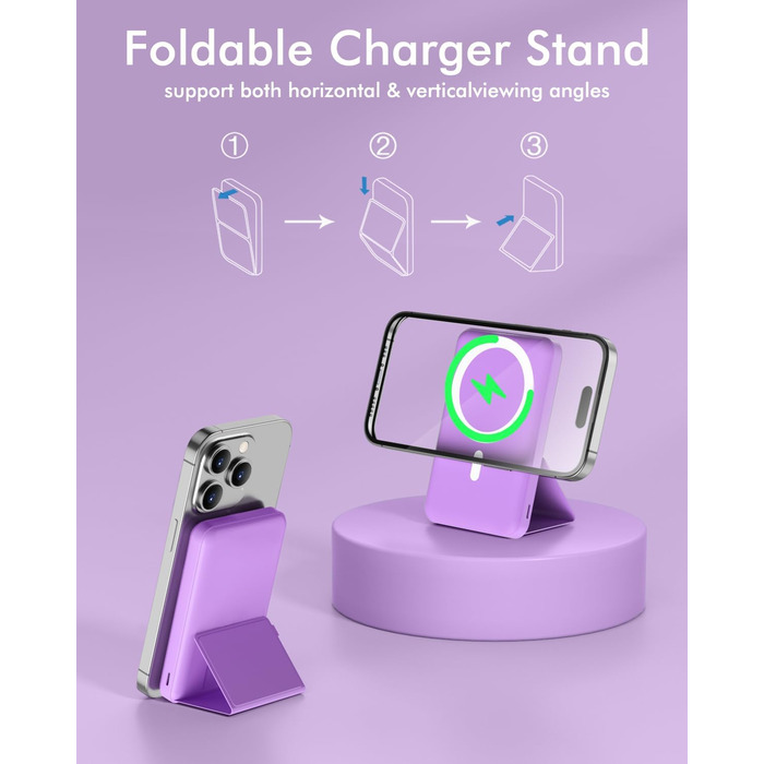 Для Magsafe powerbank, Powerbank 10000mah Foldable Magnetic Power Bank PD 22.5W Fast Charging with LED Display Compatible with Mag-Safe for iPhone 16/15/14/13/12 Pro Max/Pro/Plus-Purple