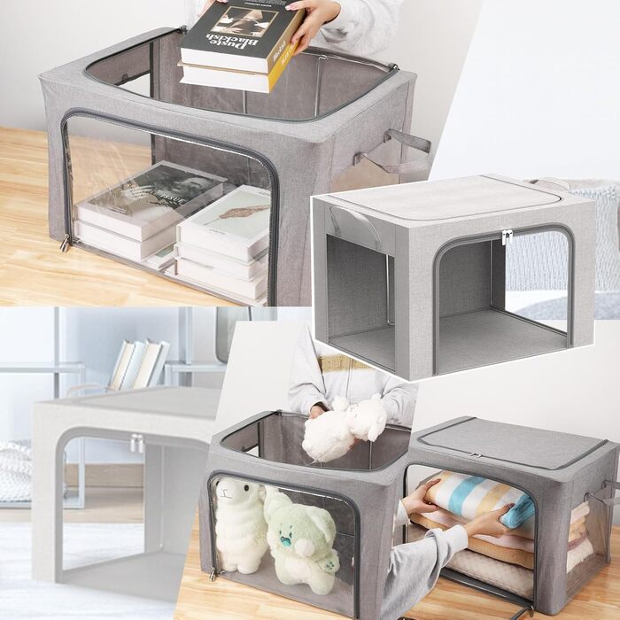 Коробка для зберігання одягу з 2 предметів, складна коробка для зберігання одягу з металевим каркасом та 3 віконцями, сумка для зберігання ковдр, пледів та одягу, сіра (24 л) 2 предмети - сірий - 24 л