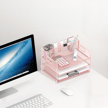 Рівневий органайзер для столу з ручкою та 3 тримачами для ручок, сітчастий органайзер для паперу/файлів на стіл, лоток для паперу та листів, рожевий Pink 1, 3-