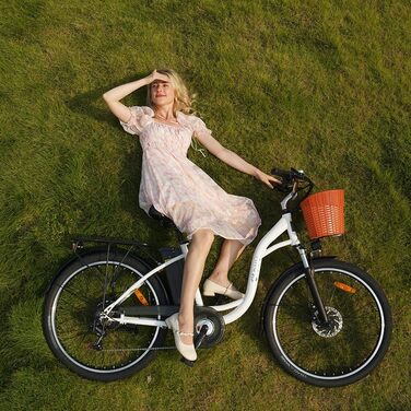 Електричний велосипед DYU e-bike, 26-дюймовий електричний велосипед з 6-швидкісним перемикачем Shimano, знімний акумулятор 12,5 Ач 36 В, регульована висота сидіння, міський велосипед з кошиком для дорослих міський приміський білий