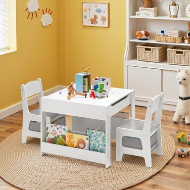 Дитячий стіл Xbro з 2 стільцями, дитячий стіл для малювання 4-в-1 з місцем для зберігання, багатофункціональний дерев&39яний дитячий комплект сидіння з книжковою полицею, для дітей віком від 3 років, 61,5 61,5 48 см, сірий