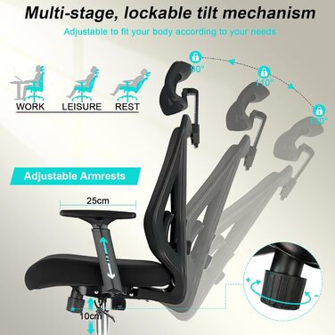 Ергономічне офісне крісло, робоче крісло з триступеневим фіксатором нахилу, обертове крісло з регульованим підголівником, підлокітниками та поперековою опорою, офісне крісло 150 кг