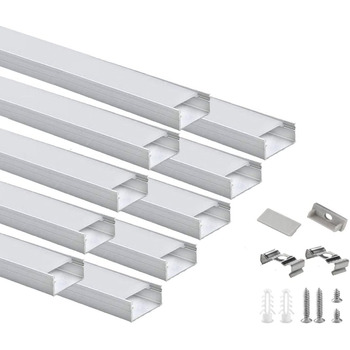 Світлодіодний профіль Besseto 10 x 1 м, U-подібний світлодіодний алюмінієвий профіль, профіль розсіювача світлодіодної стрічки з молочною кришкою, торцеві кришки та монтажний кронштейн, алюмінієвий профіль для світлодіодної стрічки