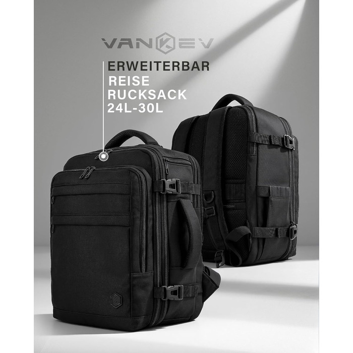 Розширюваний ручний багаж для літаків Eurowings, Ryanair, EasyJet, Wizz Air 40x30x20-40x30x25 см (24-30 л), рюкзак під сидіння з відділенням для ноутбука 15,6, чорний