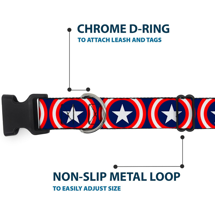 Нашийник для собак Капітан Америка, з пластиковою застібкою, синій, вузький, середній розмір (7-13.5 см) - для шиї 8-12 дюймів (20-30 см)
