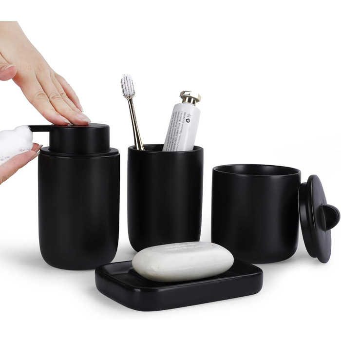 Керамічний набір для ванної кімнати Umlaca з 4 предметів з дозатором для мила, ротовою чашкою, баночкою для ватної палички та мильницею, підходить для ванної кімнати та душу (дозатор для мила, чорний)