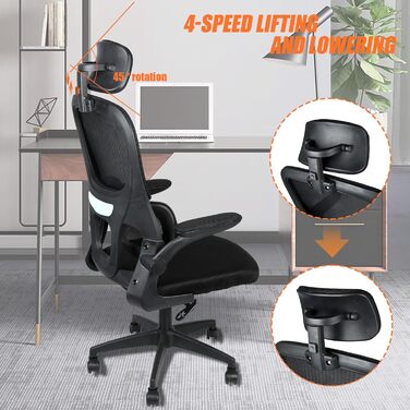 Ергономічне офісне крісло OHMG, офісне крісло з сітчастої тканини, поперекова опора та сидіння з регульованим кутом нахилу, підголівник, регульовані підлокітники, поворотні колеса на 360, вантажопідйомність 200 кг (чорне, 125 x 65,5 x 64 см) Чорний - 125 