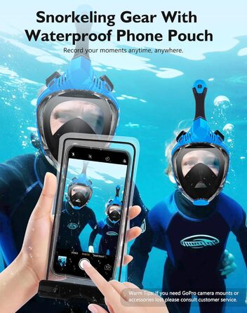 Маска для підводного плавання VGKE для дорослих, панорамний вид HD на 180 градусів, маска для дайвінгу з водонепроникною кишенею для телефону, захист від протікання та запотівання, вільно дихає, підходить для чоловіків/жінок, синя, розмір L-XL