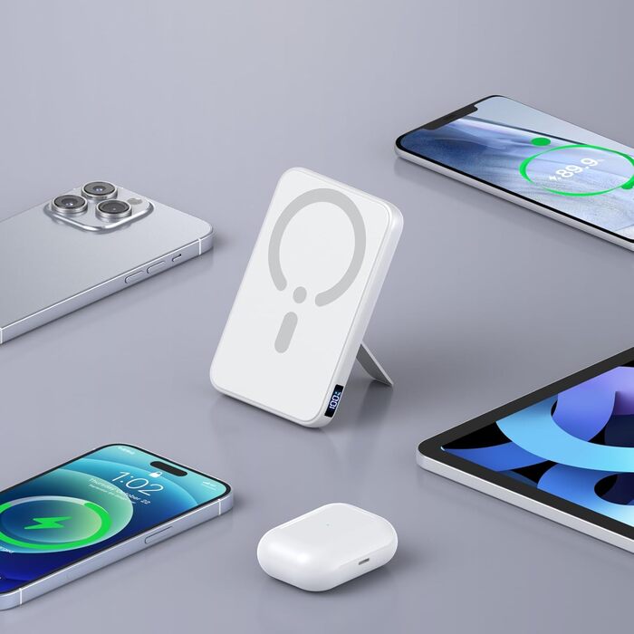 Бездротовий зовнішній акумулятор для MagSafe, зовнішній акумулятор ємністю 12000 мАг зі складною підставкою, вихід PD USB-A 22,5 Вт, зовнішній акумулятор з входом і виходом Type-C, світлодіодний індикатор для iPhone 17/16/15/14/13/12/Pro/Pro Max White