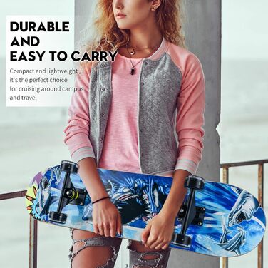 Повний скейтборд Blau-Shark 78.7 x 20.3 см - 8-шарова дека з клена, ABEC-11 підшипники, блискучі PU колеса, для дітей, підлітків та дорослих, блакитний акула дизайн