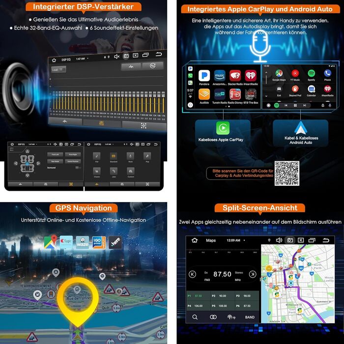Автомобільний радіоприймач Erisin Android 14 4 ГБ ОЗП 64 ГБ ПЗУ 8-ядерний DVD GPS-навігація для Ford C-Max S-Max Focus Galaxy Kuga Connect Fiesta Transit 7-дюймовий сенсорний екран CarPlay Android Auto DABWiFi 4G Bluetooth 5.0 DSP OBD2 Чорний, з CD/DVD-пр
