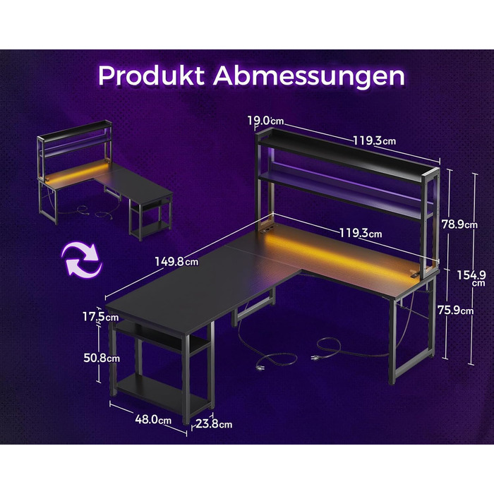Ігровий стіл ODK зі світлодіодним підсвічуванням, 150120 см, двосторонній L-подібний стіл з 2 розетками та 2 портами зарядки USB, кутовий стіл чорного кольору з підставкою та полицею для зберігання, чорний 150120 см