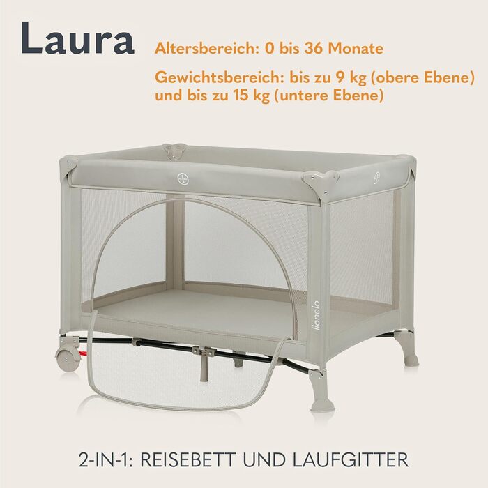 Дорожнє ліжечко Lionelo Laura 2-в-1 до 15 кг, манеж від 0 до 36 місяців, бічний вхід T25, пінопластовий матрац, 2 налаштування висоти, дорожня сумка, колеса з гальмами
