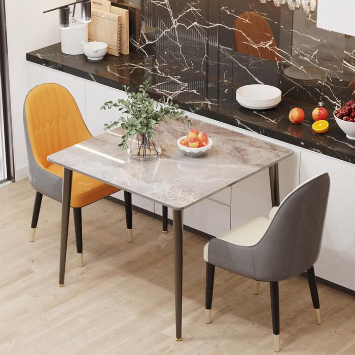 Обідній стіл FATIVO, маленький кухонний стіл, мармур, для 2 осіб, простий обідній стіл, обідній стіл для вітальні, сірий глянцевий, столи для їдальні, ресторану, металеві ніжки, 8080 см, скандинавський стиль, 8080 см сірий