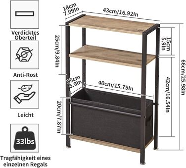 Вузький журнальний столик з поверхнею для зберігання, 3-ярусний вузький журнальний столик з тканинним кошиком, тонкий журнальний столик для вітальні, спальні, кабінету, тумбочки, офісу, світло-сірий дуб YD-TM052Y
