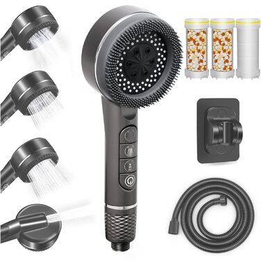 Душова лійка з шлангом та тримачем, ручна душова лійка високого тиску з фільтром від вапняного нальоту, водозберігаюча душова лійка зі стоп-функцією, душовий шланг з лійкою для підвищеного тиску води (сірий)