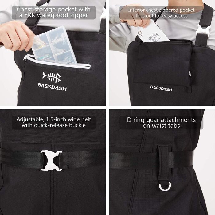 Вейдерси Bassdash 3D Angler&39s, надміцні чорні картаті нейлонові ПВХ рибальські мисливські вейдерси для чоловіків, чорні, 2X-L (11-12)