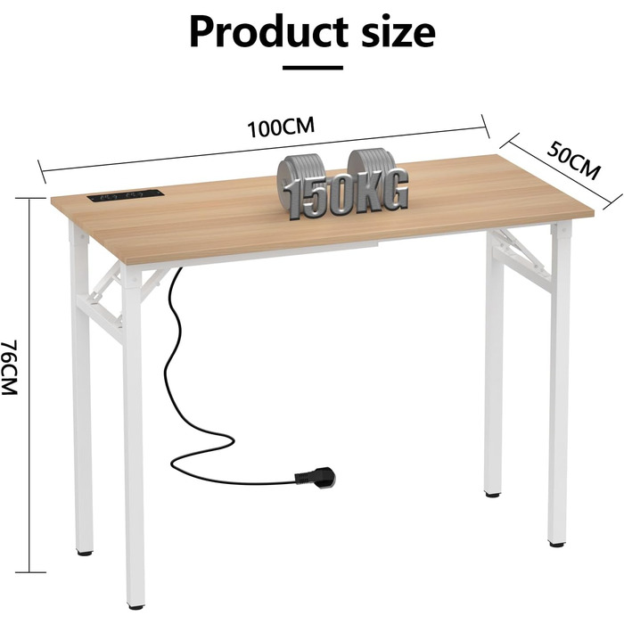 Складаний стіл 100x50x76 см з 2 розетками змінного струму та 2 портами зарядки USB, складаний комп&39ютерний стіл, стіл для ПК, офісний стіл, складаний стіл, для дому, дерево 100 см x 50 см