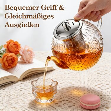 Чайник скляний з ситечком STNTUS, 1.2 л чайник для розсипного чаю та квіткового чаю, жаростійке боросилікатне скло, зручний вилив HX-1200 мл