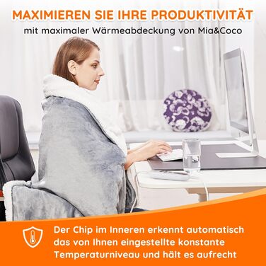 Електрична ковдра Mia&Coco з автоматичним вимкненням, 160x130 см, 10 налаштувань нагріву, 9-годинний таймер автоматичного вимкнення, захист від перегріву, можна прати в пральній машині, фланелева електрична ковдра для ліжка, дивана та вітальні, сіра, 130x