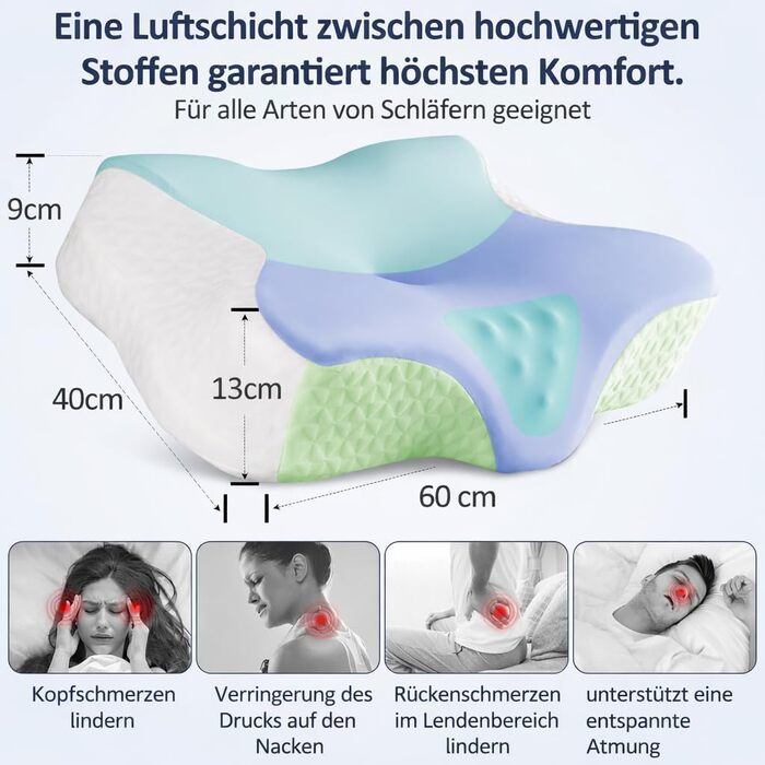 Подушка для шиї, подушка для голови, подушка для підтримки шиї, ортопедична подушка, ергономічна подушка для голови, подушка для сну на боці, подушка з піни з ефектом пам&39яті, подушка-метелик, 60 x 40 x 9/13 см, сірий