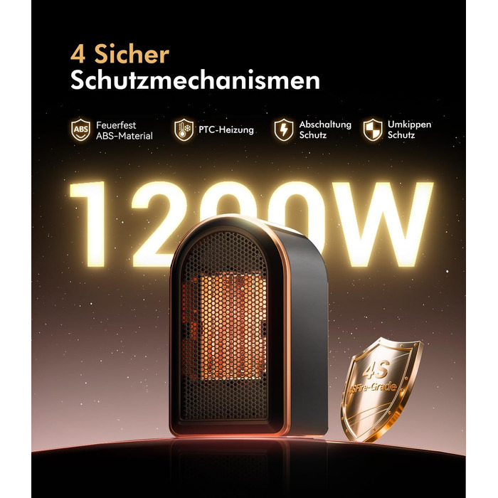 Міні-обігрівач для ванної кімнати 9.0 Upgrade Потужність нагріву 1 сертифікований SPD 4 безпечні механізми захисту Керамічний обігрівач Енергозберігаючий Спальня Офіс, Чорний електричний обігрівач для кемпінгу