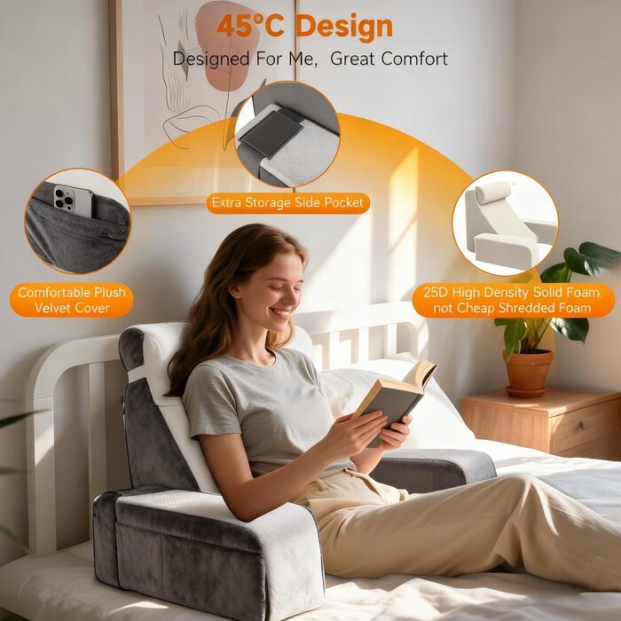 Велика подушка для читання зі знімним потиличним валиком та підлокітником, подушка для спини ліжка, ергономічна подушка для спини з підлокітником, кишеня та чохол, який можна прати, для читання та перегляду телевізора.