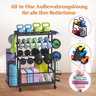 Стійка для штанг Lifewit для домашнього спортзалу, зберігання штанг із замикаючимися універсальними колесами та гачками, стійка для гир, тримач для килимка для йоги, стійка для силових тренувань, полиця для ваг для дому, гаража, середня