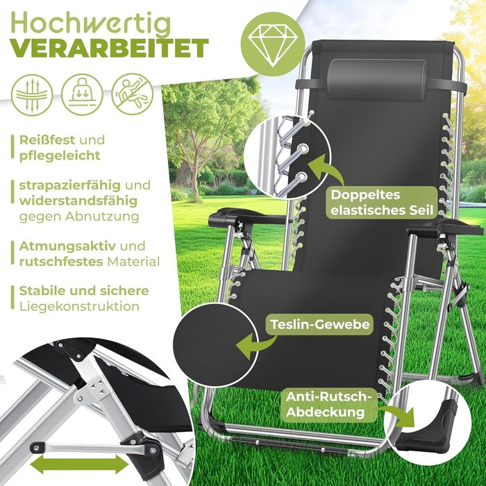 Шезлонг KESSER, складаний та водонепроникний, садовий стілець, вантажопідйомність 200 кг, ергономічна подушка, надзвичайно широкий, регульована спинка, садовий шезлонг з подушкою для шиї та тримачем для напоїв, антрацитовий