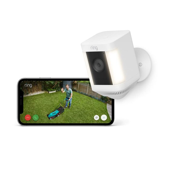 Акумулятор Ring Spotlight Camera Plus (Спотлайт Кам Плюс) Зовнішня камера спостереження з WiFi, HD відео, світлодіодним прожектором, нічним баченням, детектором руху та сиреною Alexa-сумісна камера безпеки