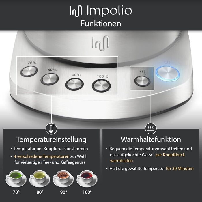 Скляний чайник Impolio PREMIUM LED з регулюванням температури функція збереження тепла, ситечко для чаю з нержавіючої сталі насадк