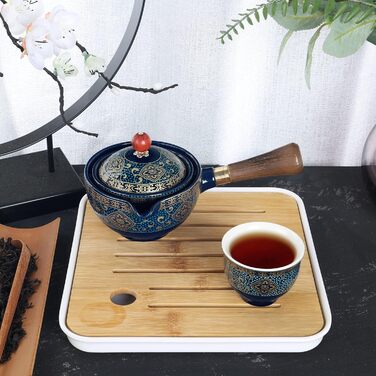 Чайний сервіз Fanquare з порцеляни для подорожей, золотий квітковий візерунок, 4 чашки, чайник та бамбуковий піднос, у дорожній сумці, темно-зелений колір