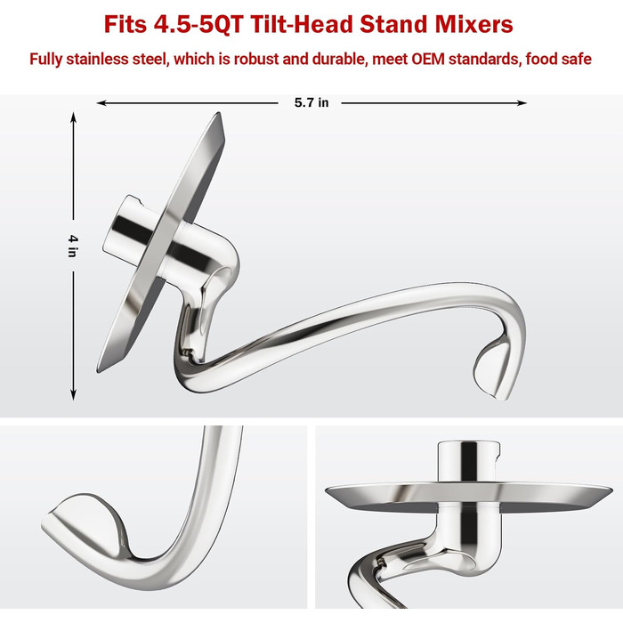 Спіральний гачок для тіста GVODE для мішалки Kitchenaid, гачок для тіста K45DH для міксера 4.5-5 QT з нахиленою головкою, насадка для тіста з нержавіючої сталі, ефективне замішування хліба, піци, можна мити в посудомийній машині